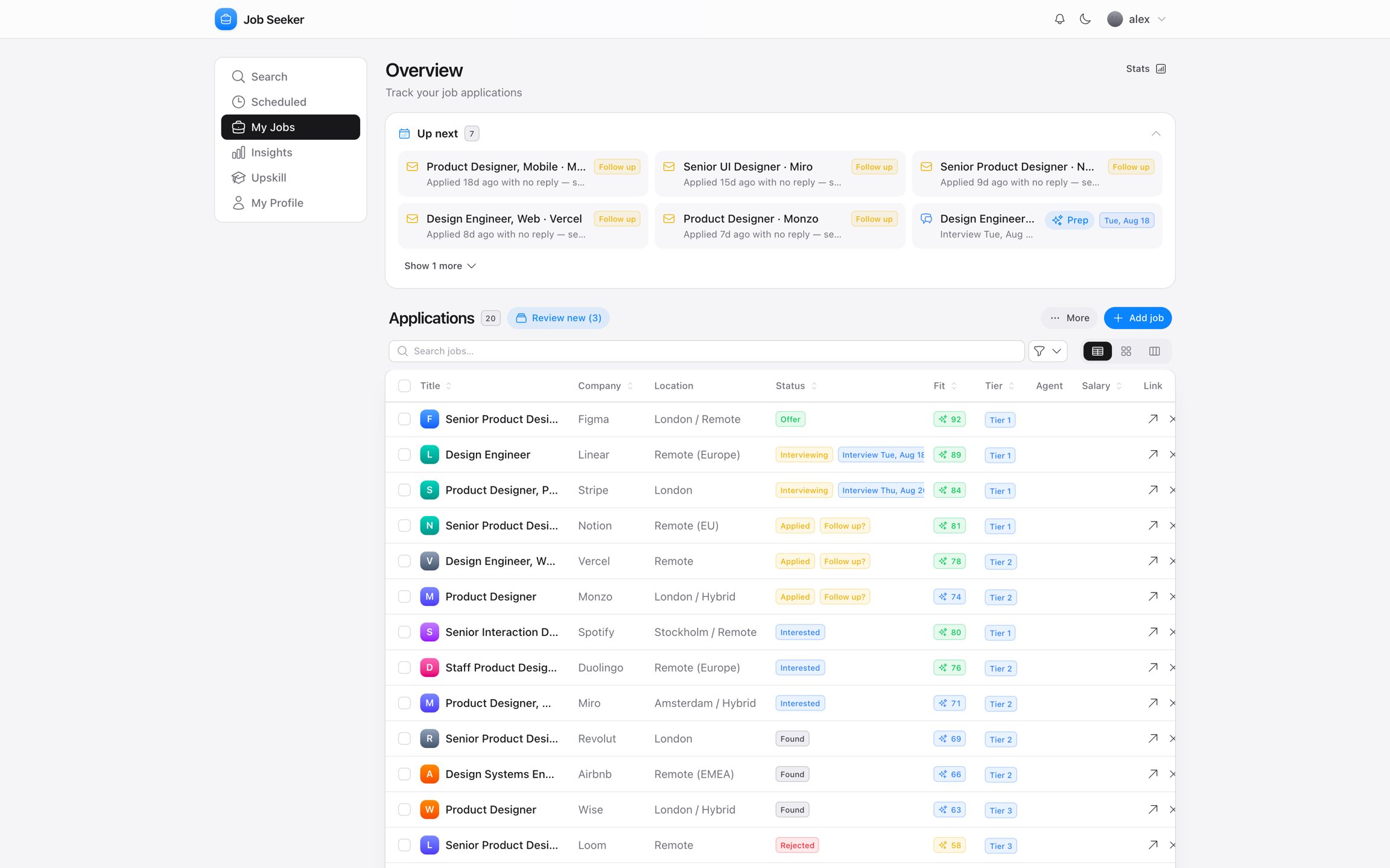 JobBites table view listing tracked jobs with statuses and fit scores